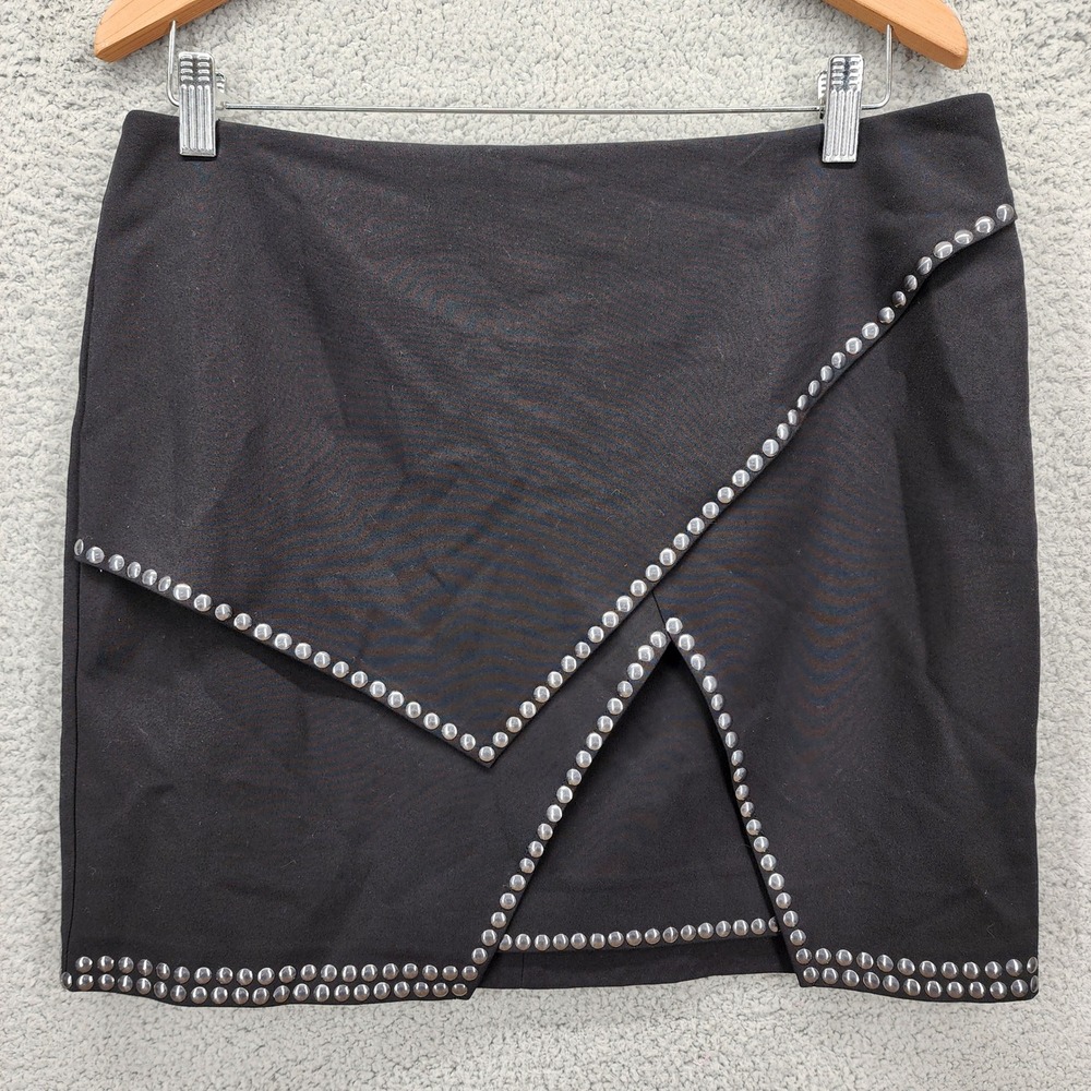 H&M Women Studded Black Mini Skirt Size 12 Asymmetrical A Line Flounce
